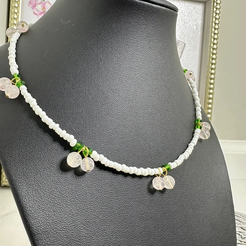 Natural Rose quartz Fruity Beaded Necklace with seed beads